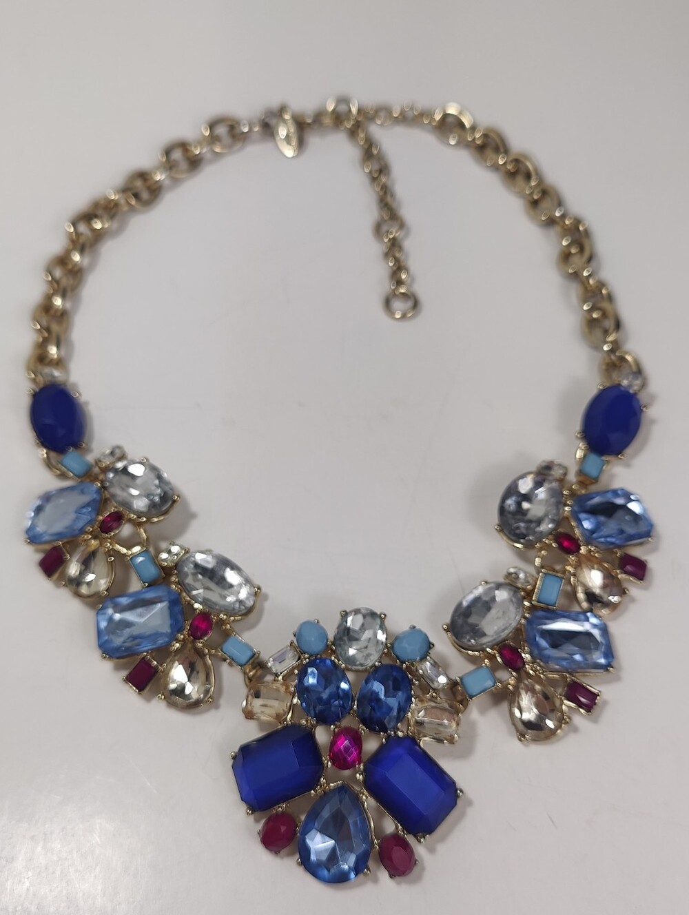 Ann Taylor Blue Statement Bib Necklace Gold Tone Faceted Cabochon Crystal Chunky